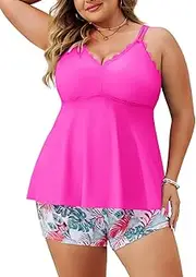 [Hanna Nikole] Women's Tankini Set V-Neck and Wavy Edge Two Piece Swimwear with Shorts