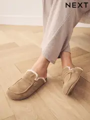 Tan Brown Suede Loafer Mule Slippers with Borg Lining (E70001) | $25