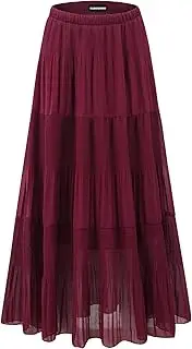 MJBGSHOW Womens Chiffon Long Skirt Elastic High Waist Floral Maxi Skirts Tiered Pleated A Line Boho Flowy Long Skirts