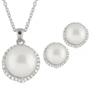 Splendid Pearls Silver 9-9.5mm Pearl & CZ Necklace & Drop Earrings Set
