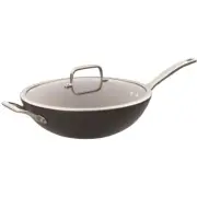 Pyrolux 32cm Hard Anodised Aluminium Non-Stick Wok w/ Lid Induction Round Black