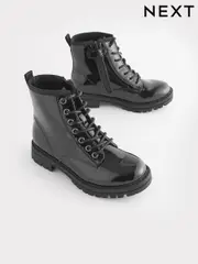 Black Patent Standard Fit (F) Warm Lined Lace-Up Boots (948095) | $30 - $37