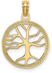 14K Yellow Gold 3-D Small Tree Of Life In Round Frame Pendant