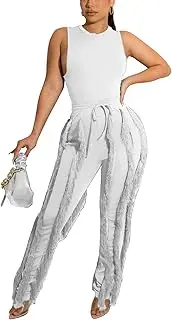 [Vakkest] Women's 2 Piece Outfits Sleeveless Tanks Top High Waist Fringe Long Pants Casual Tassels Bodycon Yoga Pants