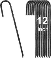 Rebar Stakes 12 Inch, Ground Stakes 10 Pack, J-Shaped Tent Stakes Heavy Duty Gro