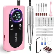 Electric Nail Cutter with 2000 mAh Battery, 45000 RPM Portable Electric Nail File with 80 Sanding Belts, 17 Bits, 2 Nail Files, 1 Nail Buffer and 1 Soft Brush, for Home Salon (Pink)