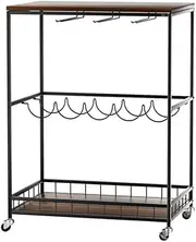Levede Bar Cart, 3 Tier Serving Wine Cart with Wheels, Glass Stemware Rack Wine Bottle Holders Tray Trolley Cart, Rolling Drink Mobile Liquor Cart Kitchen Dining Livingroom(40 x60 x83cm,Rustic Brown)