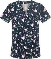 [Meichoon] Scrubs Top for Women Medical Uniform Top V-Neck Printed Short Sleeve Cotton Moisture Wicking Stretchy Quick Dry Soft Anti Wrinkle