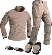 [SUNNY] Outdoor Sports Airsoft Gear Jungle Hunting Clothes Woodland Shooting Shirt Pants Set Battle Dress Uniform BDU Set Tactical Combat Camouflage Clothing with Kneepad Elbow Pads - Tan - XXXL