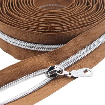 #5 Silver Metallic Nylon Coil Zippers by The Yard Bulk Brown Tape 10 Yards wi...