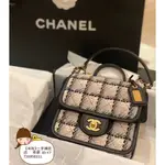 二手真品 CHANEL 香奈兒 鏈條手拎翻蓋 棉質羊毛斜紋 口蓋包 豆腐包 斜挎包 AS3652