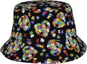 [SAAKE] Autism Awareness Puzzle Pieces Heart Print Unisex Bucket Hat Twill Fabric Sun Protection Stylish for All Seasons Bucket Hats Black, Black, One Size