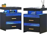 Nightstands Set of 2 with Wireless Charging: Smart Night Stand with Charging Station & Human Sensor Light - Black Bedside Table with 2 Drawers & Open Shelf Modern End Table for Bedroom Furniture