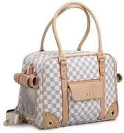 Luxury White Checkered Pattern Pet Carrier, Leather Handles, Cat, Dog Carrier for Small Pet, Tote Bag Carrier
