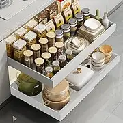 Expandable Pull Out Cabinet Organizer with Nano Adhesive - Adjustable Width 12.6"-20.4", Upgraded 3-Slide Rails, No-Drill Mount for Kitchen, Pantry, Bathroom (Framed/Frameless Cabinets)