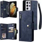 [YocoverTech] for Samsung S21 Ultra Case,for Galaxy S21 Ultra 5G Wallet Case[6 Card Slots and 1 Zipper Coin Pocket] PU Leather Stand Flip Cover with Wrist Strap[6.8 inch]-Blue