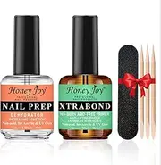 Nail Dehydrator and Primer, Acid-Free Nail Prep Kit, Professional Strong Bond Primer for Long-lasting Acrylic Nails, Gel Polish, UV Gels, Fast Air Dry, Superior Adhesion (0.5Fl oz), HJ-NP-001
