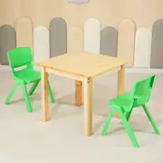 60CM Square Wooden Kids Table and 2 Green Chairs Childrens Desk Pinewood Natural
