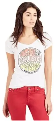 True Religion Women's World Tour Endless Summer V-Neck Tee T-Shirt in White
