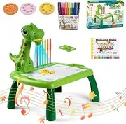 Drawing Projector for Children, Dinosaur Drawing Projector Gift Toy for Boys and Girls 3 4 5 6 7 Years, Children's Drawing Projector with Music with Colouring Pencils, Sketchbook, Sticker Book