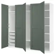 PAX / GRIMO wardrobe combination, white/grey-green, 250x60x236 cm