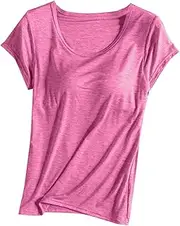 [Suhorseful] Women's Pajama Top with Built-in Bra Short Sleeve T-Shirt Padded Wireless Bra Tops Yoga Shirt Soft Sleep Tee Sleepwear, Dark Pink, X-Large