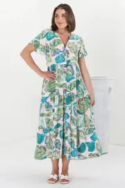 Milla Midi Dress - Tiered Button Down Dress in Adelita Print Green