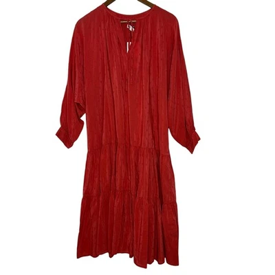 Zara Women's Textured Tiered Dress M Rust Red Long Sleeve Boho Peasant Style NEW