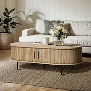 LuxenHome Coffee Table with Storage, Wood Coffee Table with Slatted Sliding Door, 47" Mid Century Modern Coffee Tables for Living Room, Boho Storage Coffee Table, Oval Coffee Table, Center Table