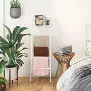 OYEAL Blanket Ladder Farmhouse Towel Rack Holder for Bathroom, Wall Leaning Decorative Quilt Rack with Shelf, Rustic Blanket Storage for Living Room Bedroom Home Decor, White