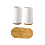 Toothbrush Holder Cup Ceramics & Bamboo for Bathroom, Matte White, Double Cup