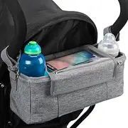Buggy Organiser incl Phone Holder & Waterproof Cover. Fits All Pushchairs. Universal Pram Organiser and Storage Bag for Your Pram. BTR, Grey with Extra Pram Clips, 1 Unité (Lot de 1), Modern