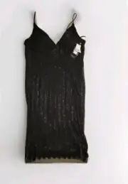 Adrianna Papell Womens Black Beaded Sequin Short Dress Size 14 Spaghetti Strap