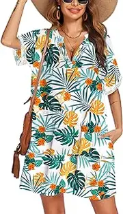 [AI'MAGE] Women's Swimsuit Coverups Bikini Beach Swimwear Cover Up A-line Bathing Suit Cover Up Dress with Pockets, Green Orange Floral