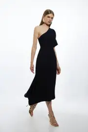 Fluid Tailored One Shoulder Asymmetric Drape Midi Dress