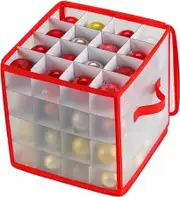 Red Plastic Christmas Ornament Storage Box Holds 64 Holiday Ornaments with Zippered Closure and Dividers