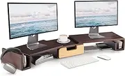 Wooden Dual Monitor Stand Riser with Drawer, 40.4'' Ergonomic Monitor Stand for Desk with Adjustable Length and Swivel Angle, Wooden Desktop Organizer for Laptop, PC, Computer,Printer (Walnut)
