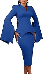 [Quzzion] Women Work Dresses V-Neck Flare Sleeve Business Office Bodycon Pencil Sheath Dress