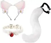 Cosplay Cat Ears and Tail Set Handmade Cute Cat Girl Accessories Furry Headband with Bell Collar Perfect for Halloween Party Costume Role Play Cat Theme Parties School Performances（White）