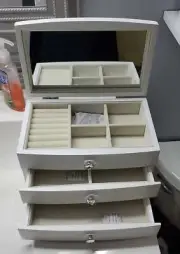 Jewelry Box Wooden Case 3 Layer Organizer with Large Mirror White