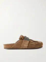[Brunello Cucinelli] Brunello Cucinelli - Fussbett Bead-embellished Fringed Suede Slippers - Brown - IT36.5 IT 36.5 Brown
