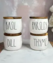 RAE DUNN ARTISAN SPICE JARS CANISTERS WITH WOODEN LID SET OF 4 NEW