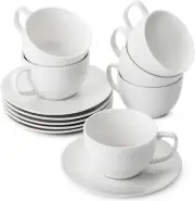 Btat- Tea Cups and Saucers, Set of 6 (8 Oz), Cappuccino Cups, Coffee Cups, Whit