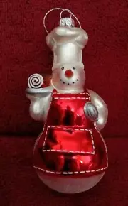 Williams Sonoma rare CHEF BAKING SNOWMEN Blown Glass Christmas Ornament 6"