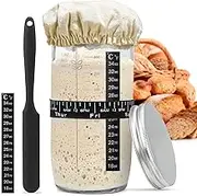 Sourdough Starter Jar Kit, 1000ml Reusable Wide Mouth Sour Dough Starter Container, with Silicone Scraper, Thermometer, Date Marked Feeding Band, Cloth Cover And Aluminum Lid (2 Pack 35 oz/1000 ml)