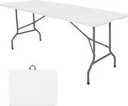 Folding Table, 180cm Camping Table Portable, Heavy Duty Plastic Rectangular Outdoor Dining Table Steel Legs Fold-in-Half with Carrying Handle for Indoor, Picnic, Party, Wedding, Events
