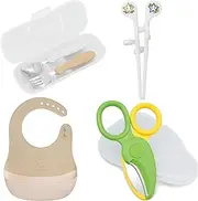 Edison Mama Edison Meal Set, Chopsticks, Fork & Spoon, Case Included, Weaning Food Scissors, Apron, for Ages 1 and Up, Right Hand/Weaning Food, Starter Set, for Outings, Travels, Outings, Chopsticks