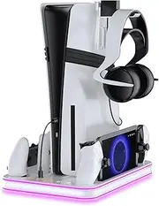 EJGAME PS5 Pro/Slim/PS5 Stand and Cooling Station with RGB Lighting Controller Charging Station for Playstation 5 Console, PS Portal Charging Dock, PS5 Pro Accessories with 3 Level Cooling Fan (White)