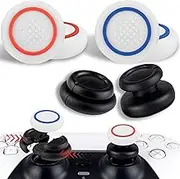 PlayRealm NO Falling Off Thumbstick Extender x 2 & Thumb Grip x 4 for PS5 & PS4 Controller (White Red & Blue Ring)