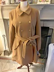 NWT DKNY Wool Blend Double Breasted Belted Fit & Flare Camel Pea Coat - Size 16